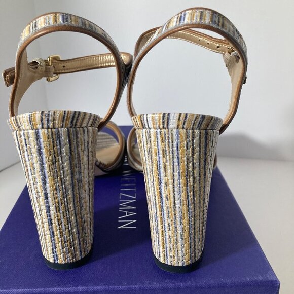 Womens Stuart Weitzman Sunlover Beige Weave Nappa Heeled Leather Sandal 9N - Picture 5 of 11